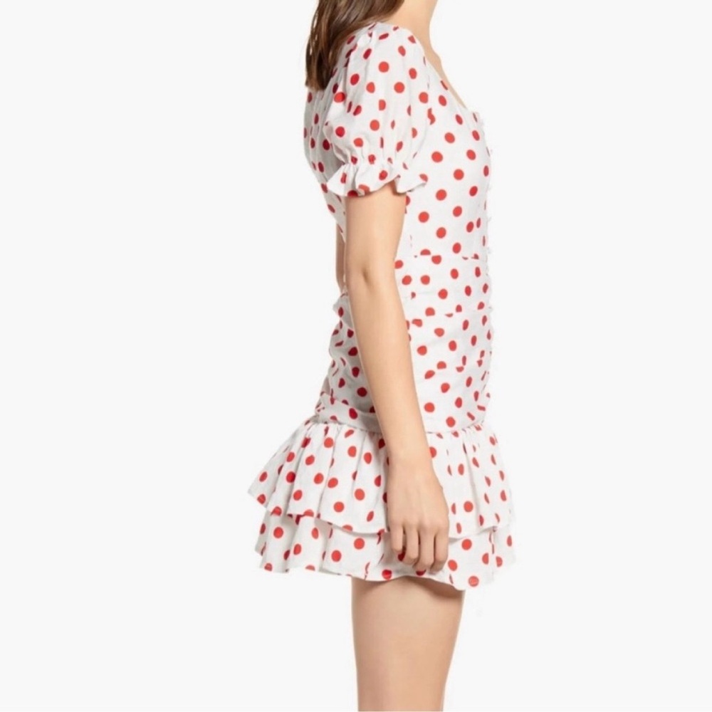 Endless Rose White Retro Style Red Polka Dot Ruffle Hem Ruched Mini Dress Size M - Picture 3 of 16